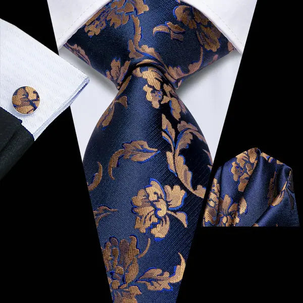 mens floral necktie in navy blue with gold patterns for formal occasions