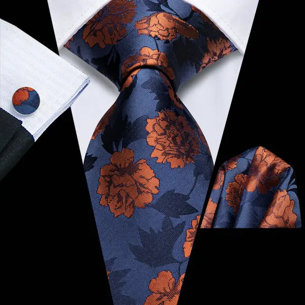 Mens floral necktie in navy with orange flowers for formal occasions