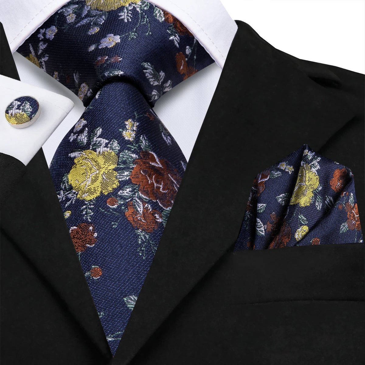 mens floral necktie in navy blue with yellow and red flowers
