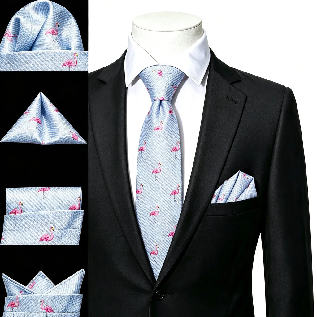 Flamingo patterned necktie and pocket square set for formal events