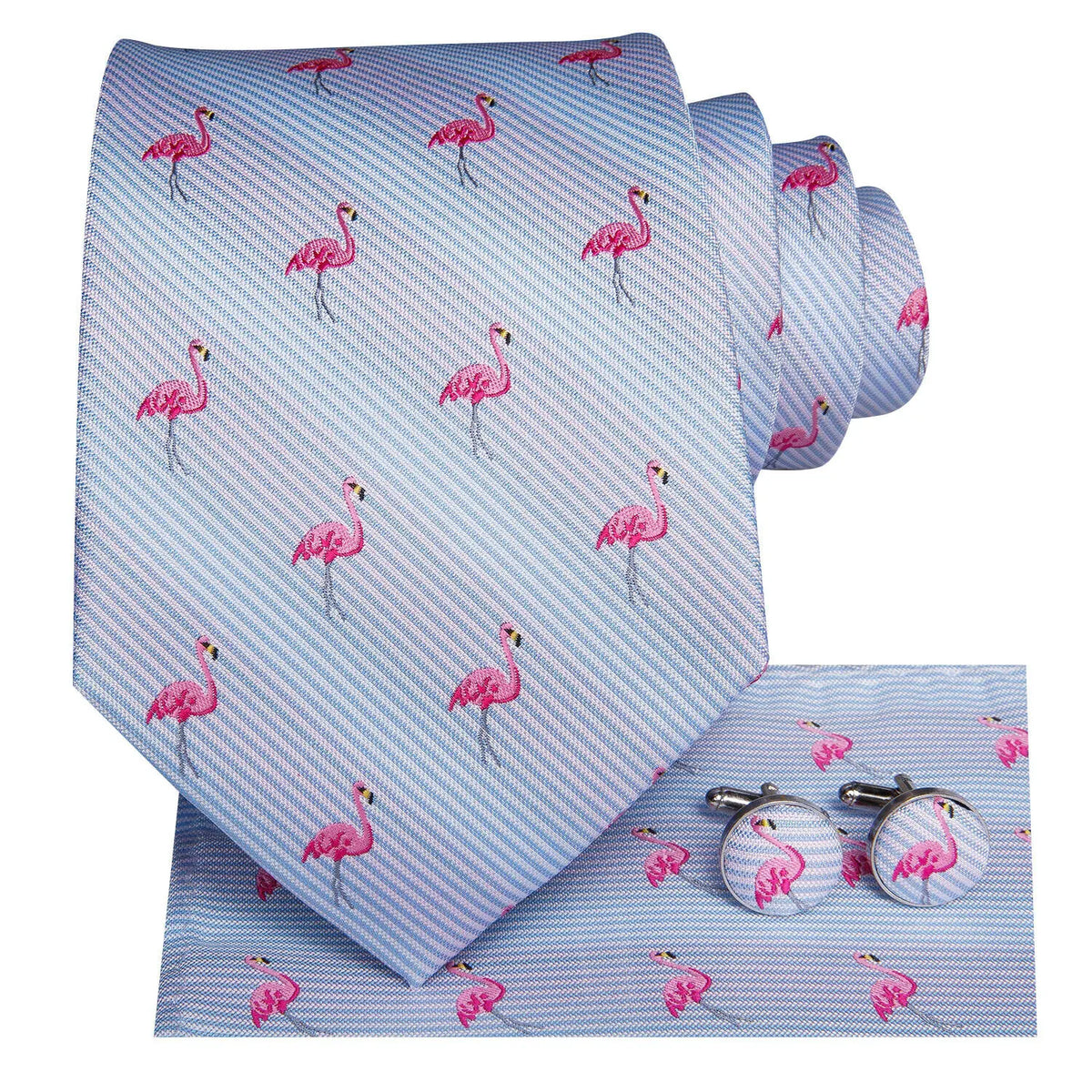 Pink flamingo necktie set, silk material, how to tie necktie