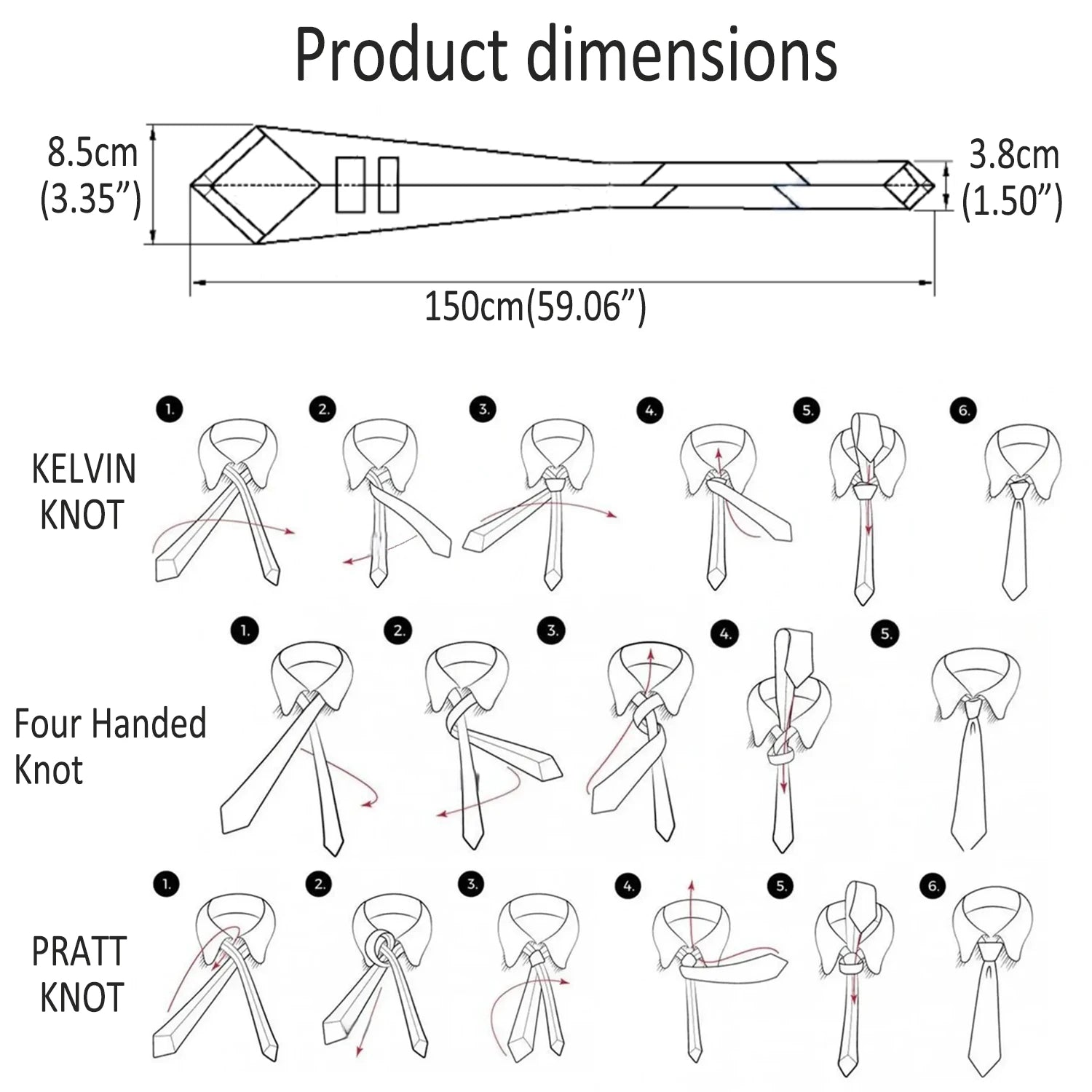 Illustration of necktie tying techniques including Kelvin and Pratt knots