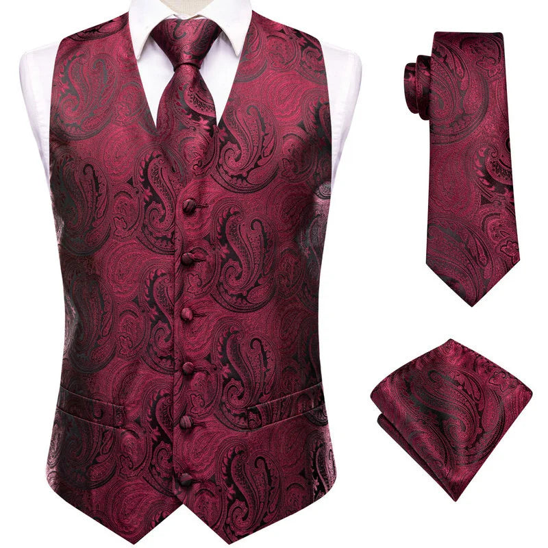 Elegant burgundy waistcoat for mens in paisley pattern, formal wear