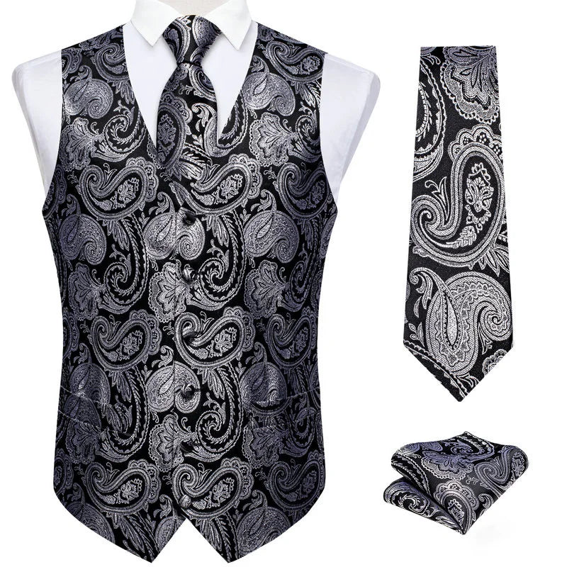 Black paisley waistcoat for mens with matching tie and pocket square