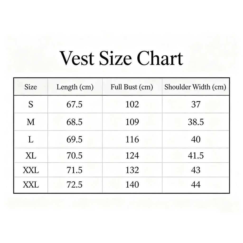 Men's waistcoat size chart for accurate fitting and style