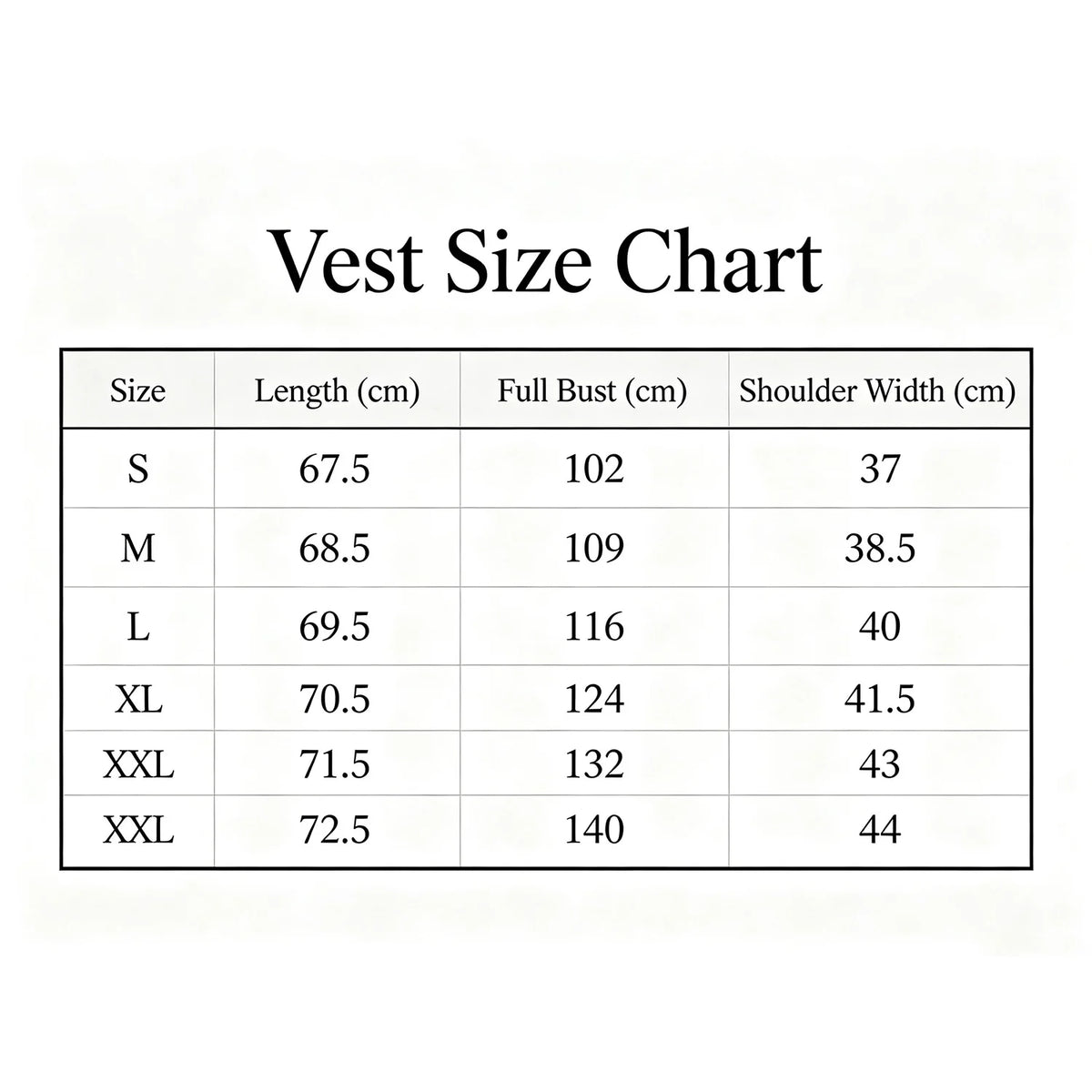 Men's waistcoat size chart for accurate fitting and style
