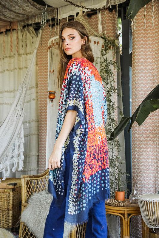 Women's Accessories Vibrant Multicolor Frayed Edge Kimono w/ Armholes