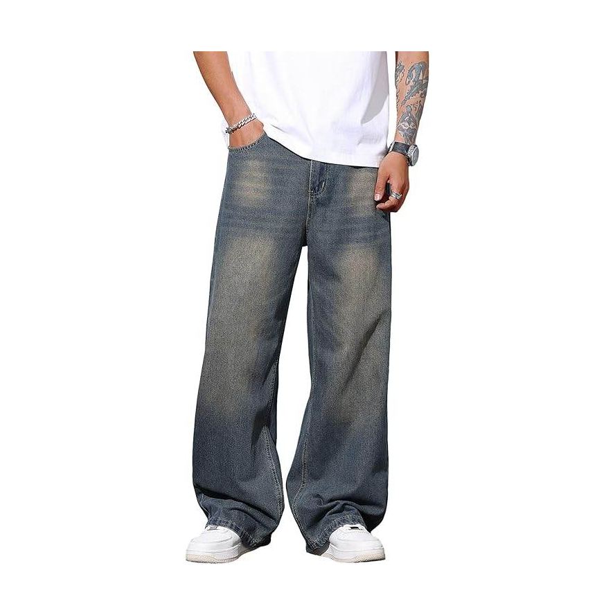 Mens Retro Vintage Blue Wide Leg Baggy Jeans Loose Denim Pants - VacationGrabs