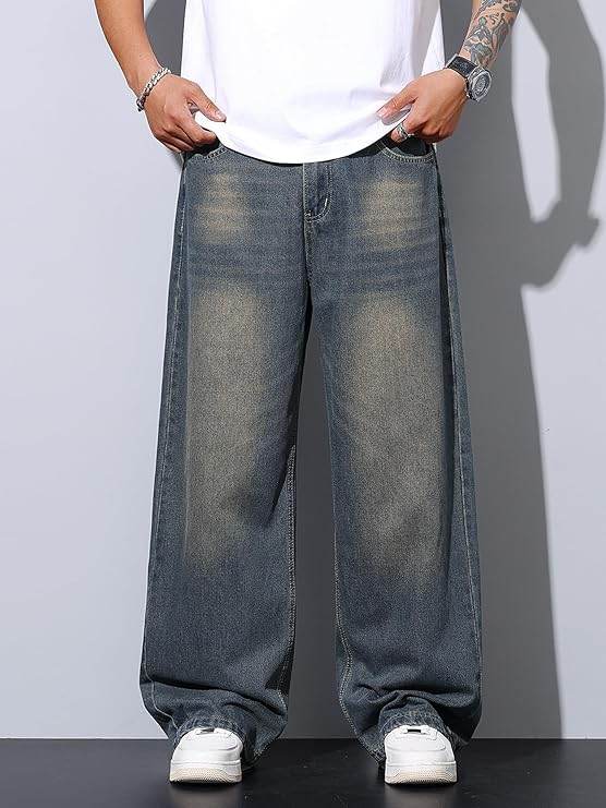 Mens Retro Vintage Blue Wide Leg Baggy Jeans Loose Denim Pants - VacationGrabs