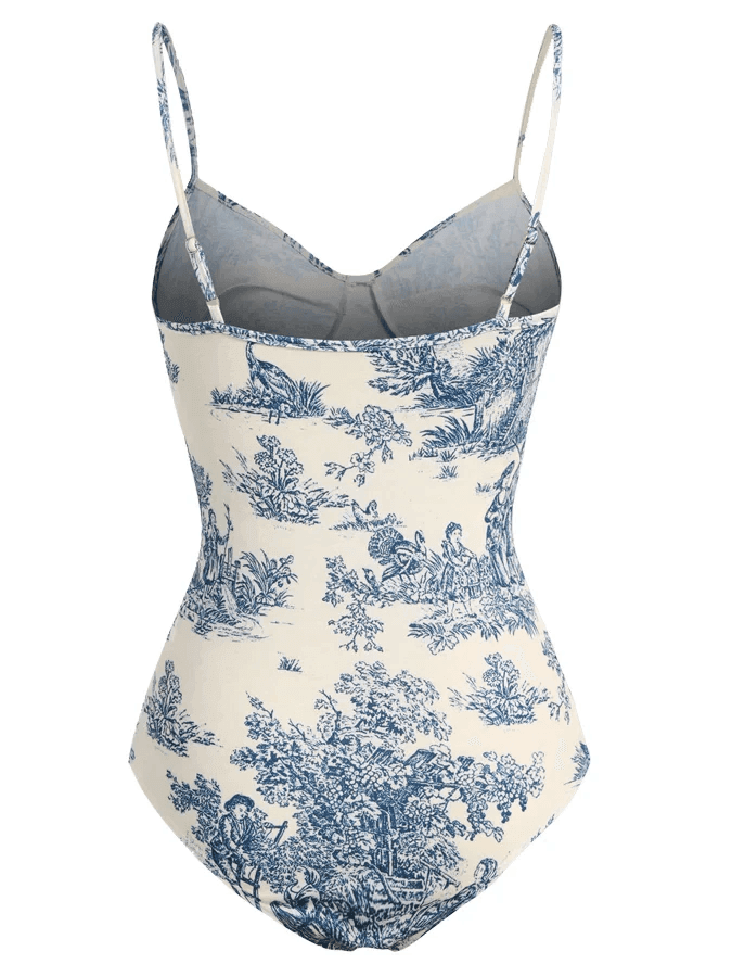 Vintage boho swimsuit set featuring a blue floral design and adjustable straps for a stylish summer look