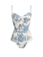 Vintage boho swimsuit set in blue and cream with a classic floral design for stylish summer swimming