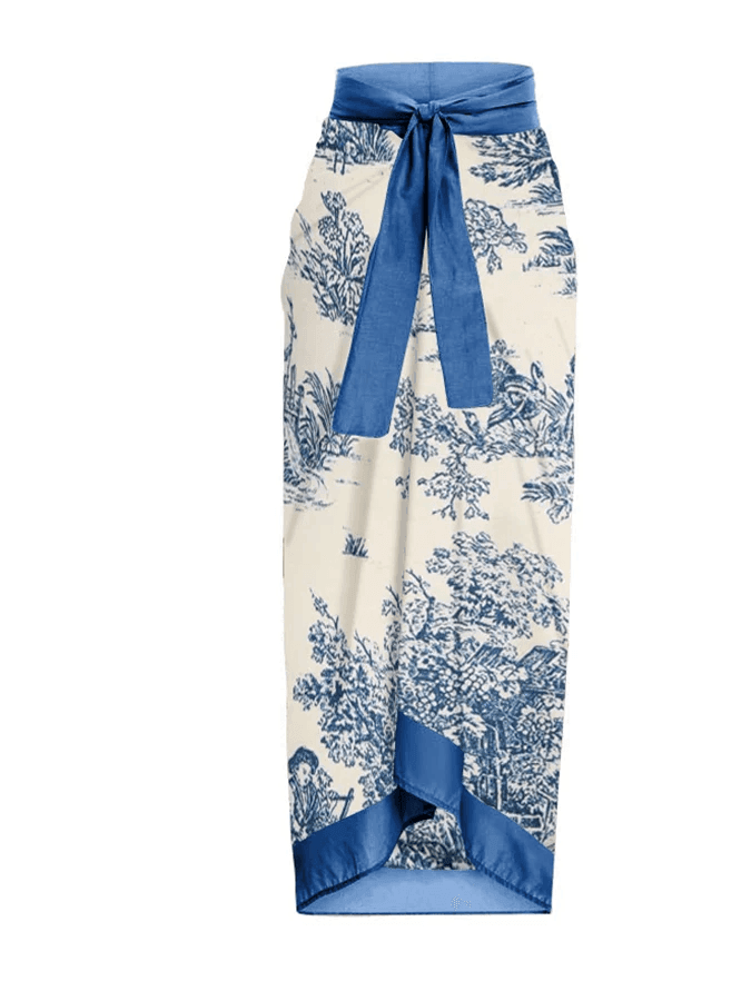 Vintage boho swimsuit set featuring a stylish blue and white wrap design for beach days