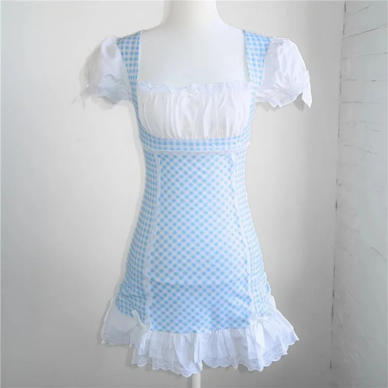 Vintage bridal dress in blue and white gingham, perfect for outdoor events