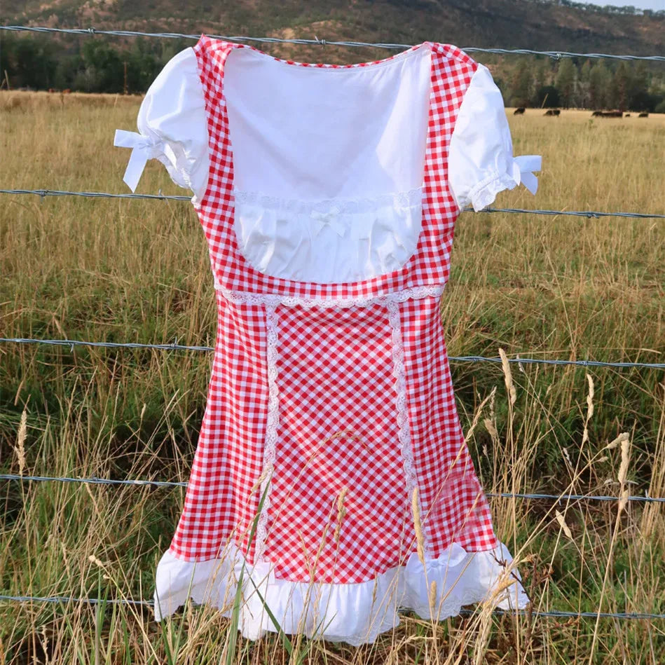 Vintage bridal dress in red and white gingham for outdoor weddings