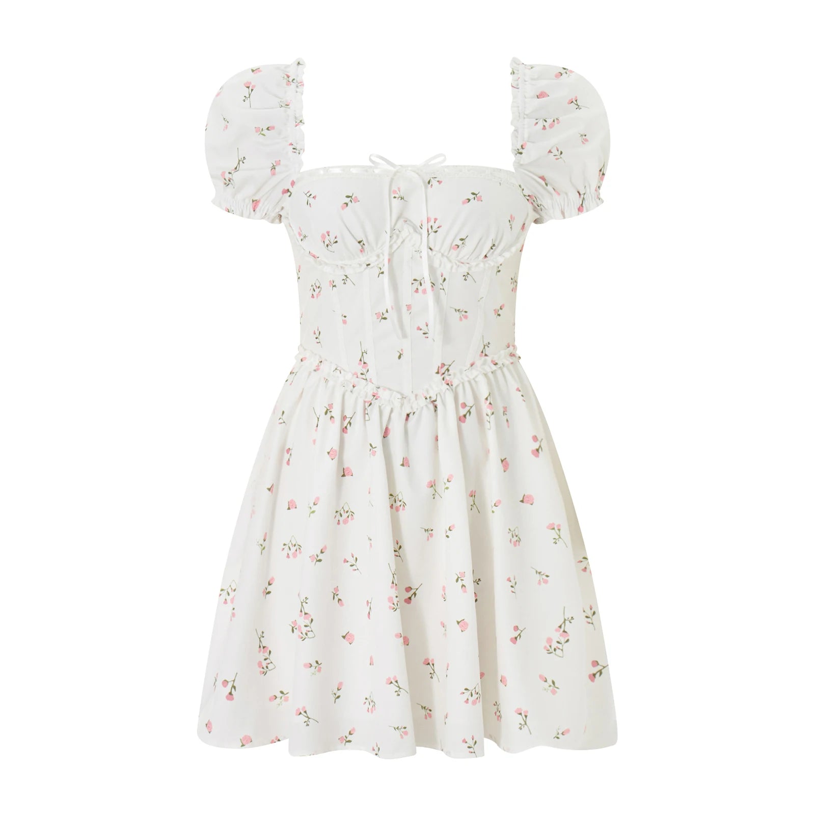 Women's vintage bridal dress in white floral fabric, perfect for weddings