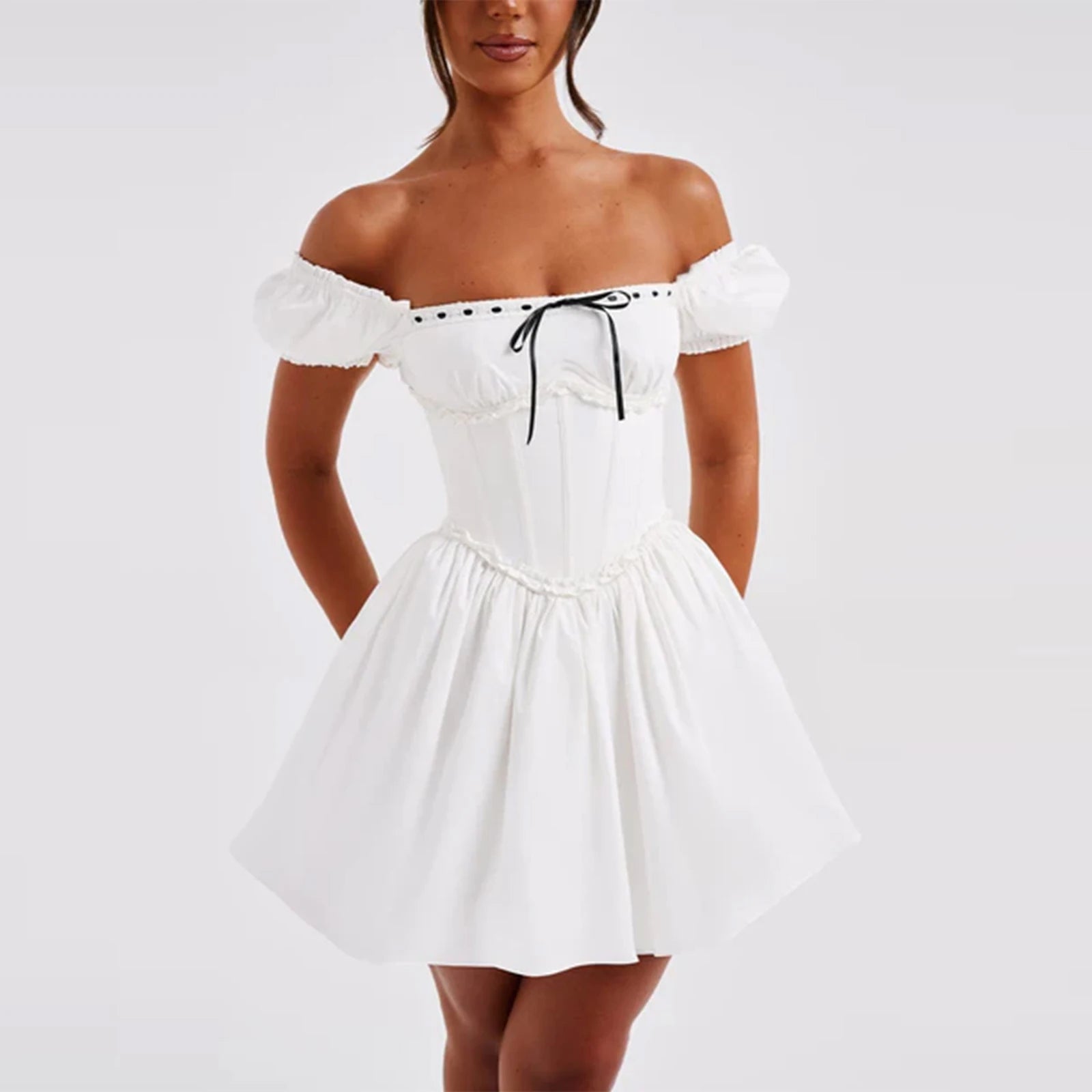 vintage bridal dress in white, off-shoulder style for weddings