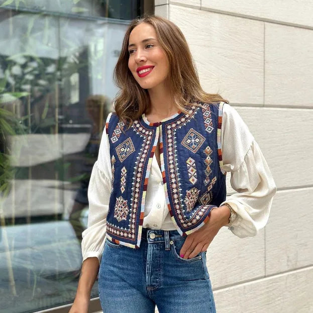Women's vintage Christmas vest, navy blue, festive embroidery, holiday wear