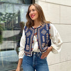 Women's vintage Christmas vest, navy blue, festive embroidery, holiday wear