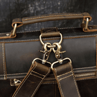 Close-up of vintage leather backpack handle and metal clasps showcasing premium craftsmanship