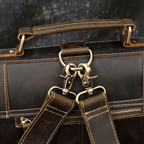 Close-up of vintage leather backpack handle and metal clasps showcasing premium craftsmanship