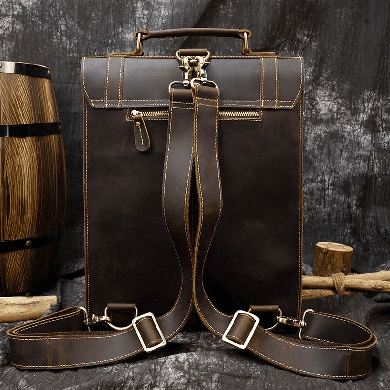Vintage leather backpack from VacationGrabs featuring a sleek design and durable straps
