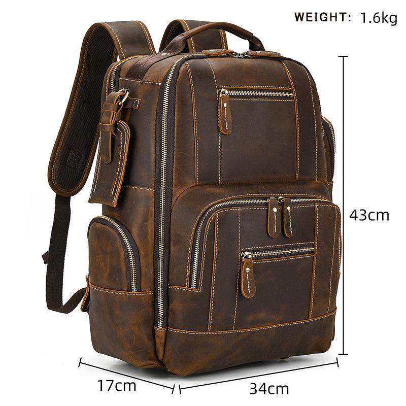 Vintage leather backpack by VacationGrabs with multiple pockets and dimensions for stylish travel