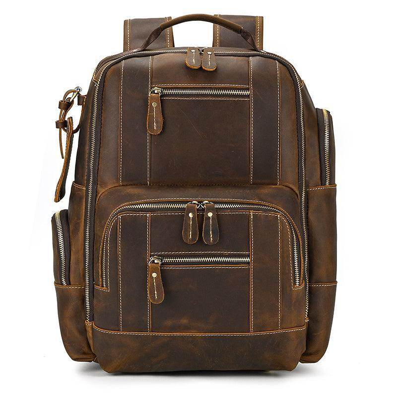 Vintage leather backpack from VacationGrabs with multiple zippered compartments and sturdy design