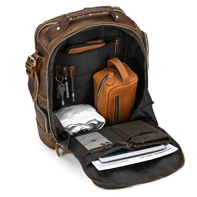 Vintage leather backpack with spacious interior featuring pockets for organization and storage