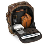 Vintage leather backpack with spacious interior featuring pockets for organization and storage