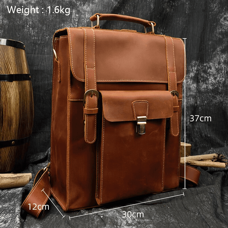 Vintage leather backpack with durable design, front pocket, and comfortable shoulder straps