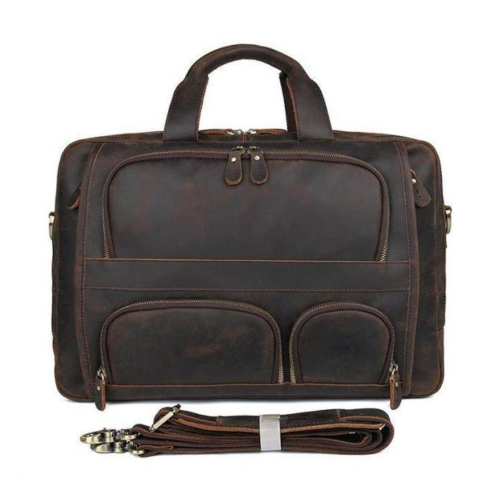 Vintage leather briefcase with multiple pockets and detachable shoulder strap for stylish professionals