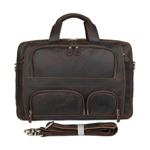 Vintage leather briefcase with multiple pockets and detachable shoulder strap for stylish professionals