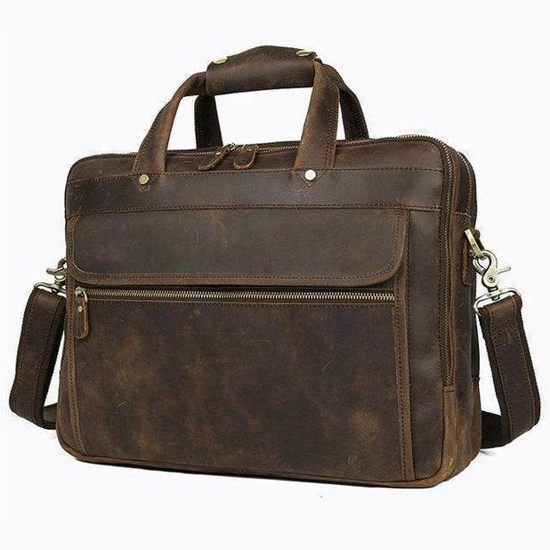 Vintage leather briefcase with multiple compartments and a comfortable shoulder strap