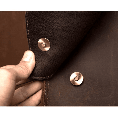 Close-up of vintage leather business backpack with durable snap fasteners and rich texture for stylish professionals