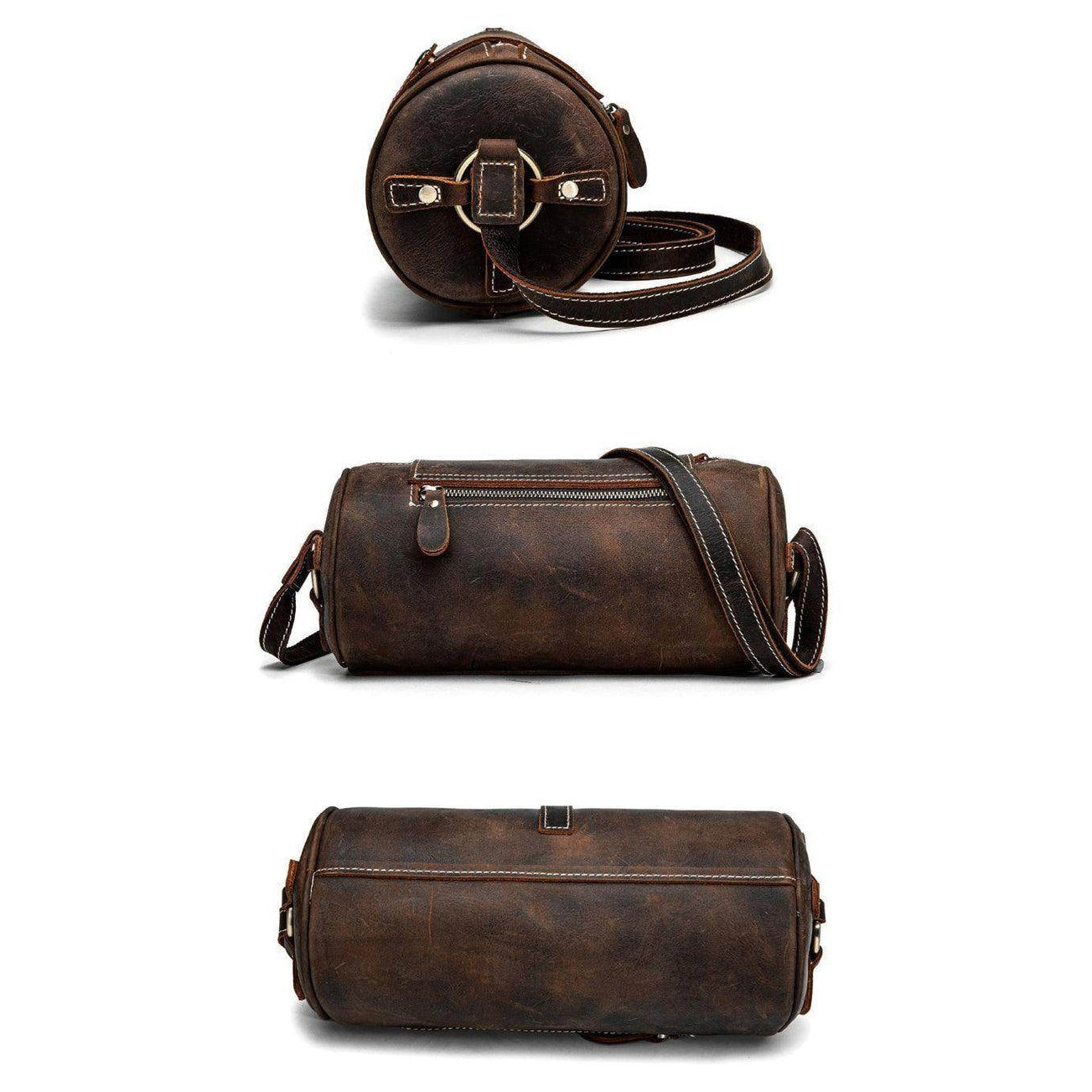 Vintage leather crossbody bag with a stylish round design and adjustable shoulder strap