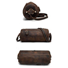 Vintage leather crossbody bag with a stylish round design and adjustable shoulder strap