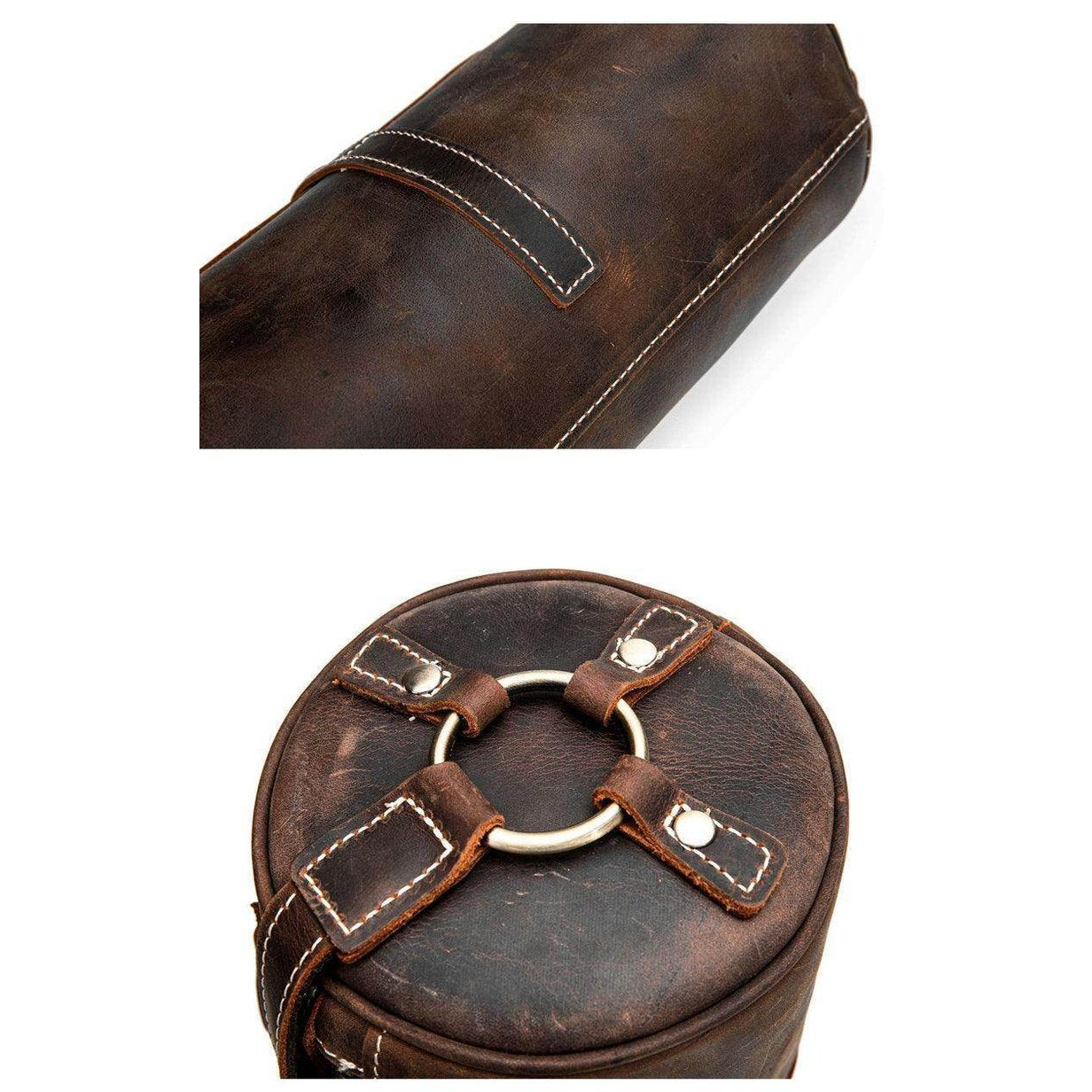 Vintage leather crossbody bag with sturdy stitching and a round design for stylish and practical use