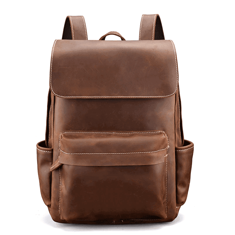 Vintage leather laptop backpack in rich brown color with spacious compartments and adjustable straps