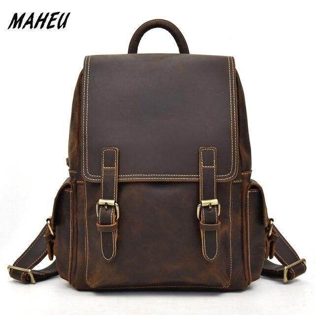 Vintage leather laptop backpack with adjustable straps and dual buckle closures for classic style
