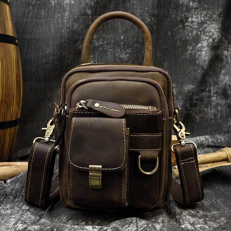 Vintage leather sling bag with multiple pockets and adjustable strap for everyday use