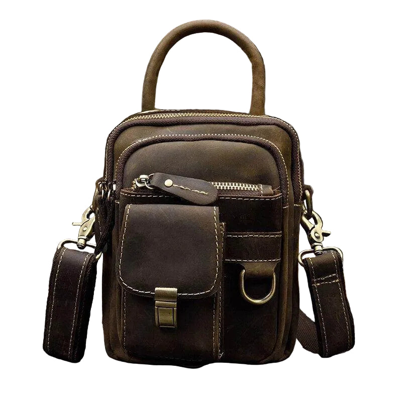 Vintage leather sling bag with adjustable strap and multiple pockets for everyday use