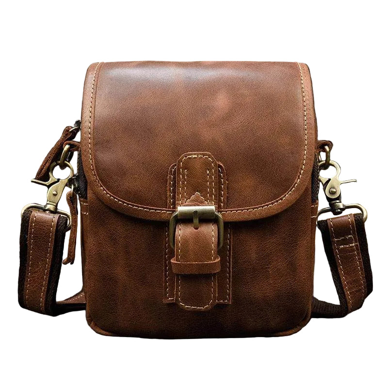 Vintage leather sling bag with adjustable strap and stylish buckle detailing for everyday use