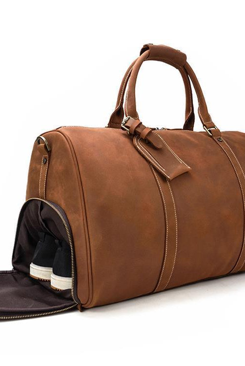 Luggage & Bags - Duffel Vintage Leather Travel Duffle Bag With Shoe Pocket Weekender Bag