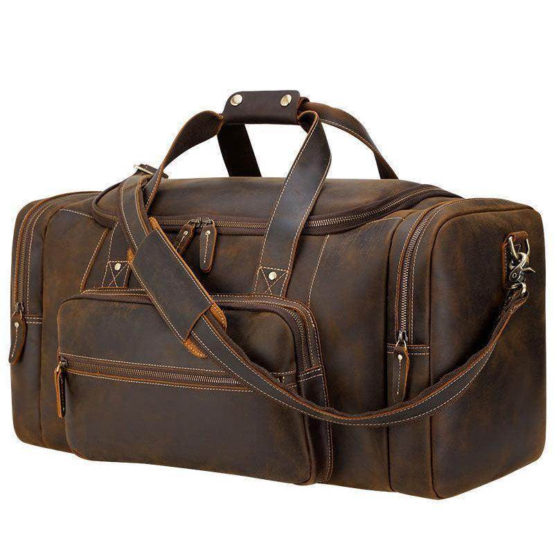 Vintage leather weekender bag with multiple pockets and sturdy handles for stylish travel