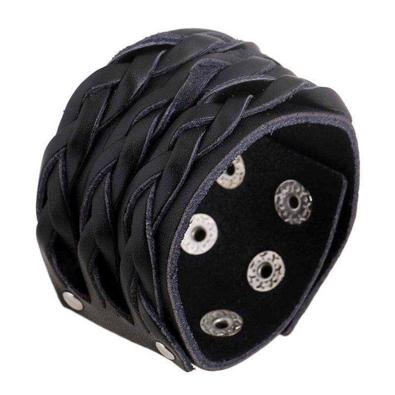 Stylish vintage punk wristband for men made of braided black leather for a bold look