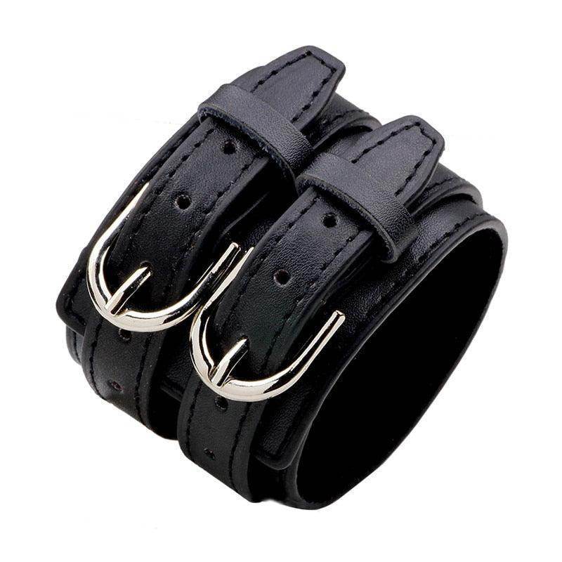 Black leather vintage punk wristband for men with double buckle design for a stylish edge