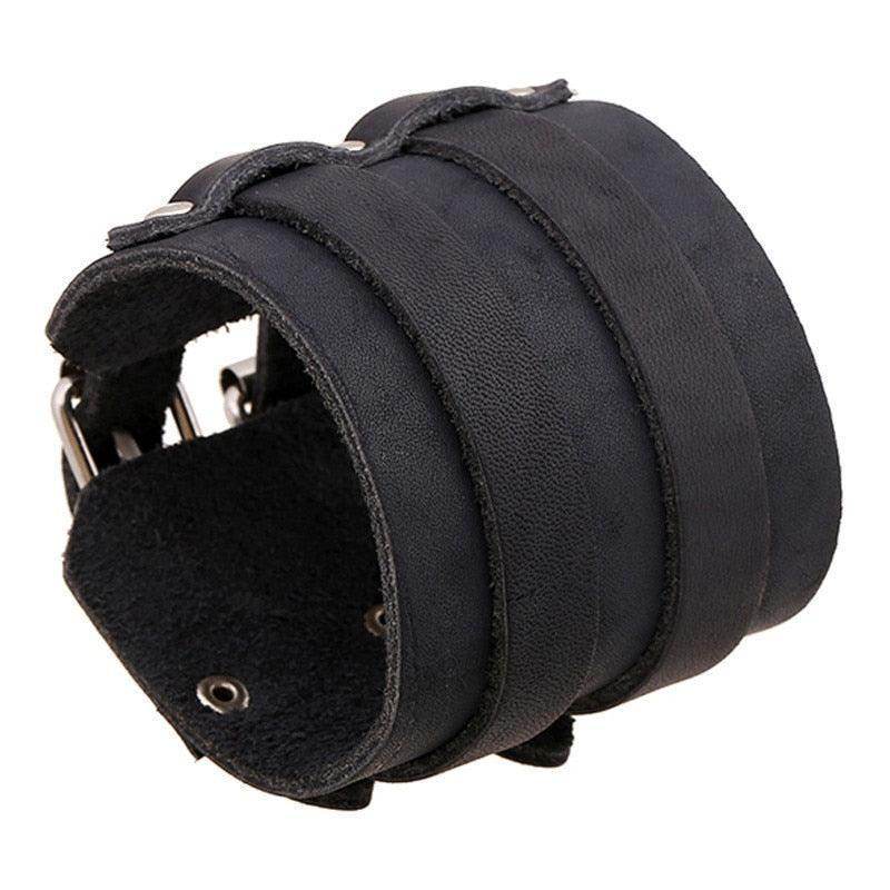 VacationGrabs vintage punk wristband for men in black leather with adjustable buckle closure