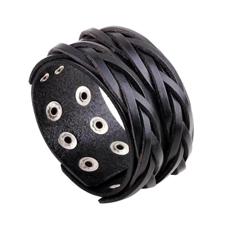 Vintage punk wristband for men made of braided black leather with silver eyelets