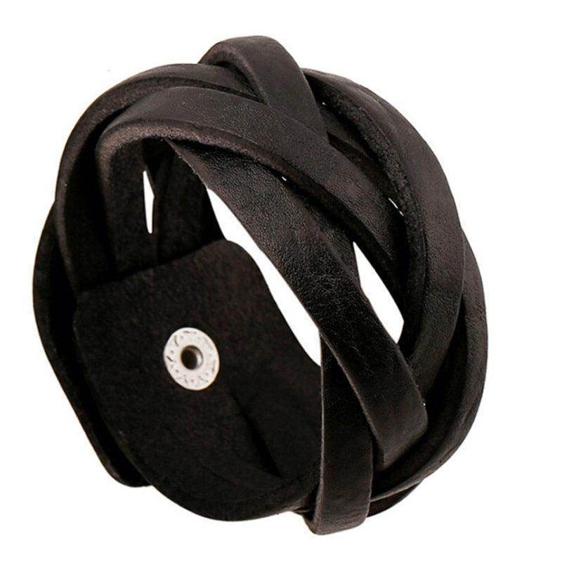 Black braided leather vintage punk wristband for men with unique design and adjustable clasp