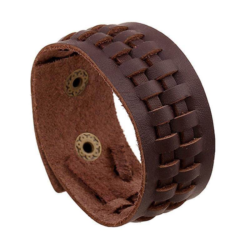 Brown woven leather vintage punk wristband for men with adjustable fit and unique design